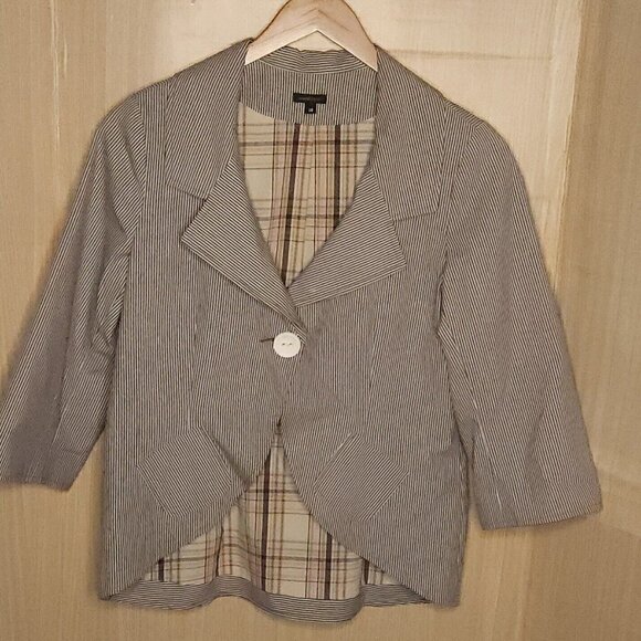 Composd Taupe White Pinstripe High Low Blazer 14 - Picture 1 of 8